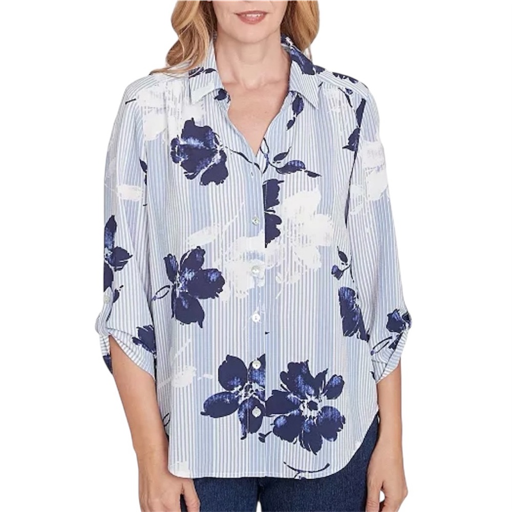 Alfred Dunner Striped Navy & White Floral Print Button Up Blouse NWT Size S